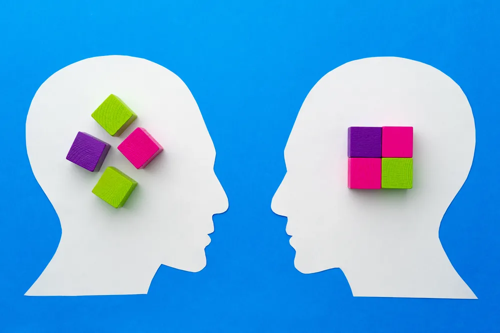 Visual concept of two head profiles, representing understanding and managing anger through logic.